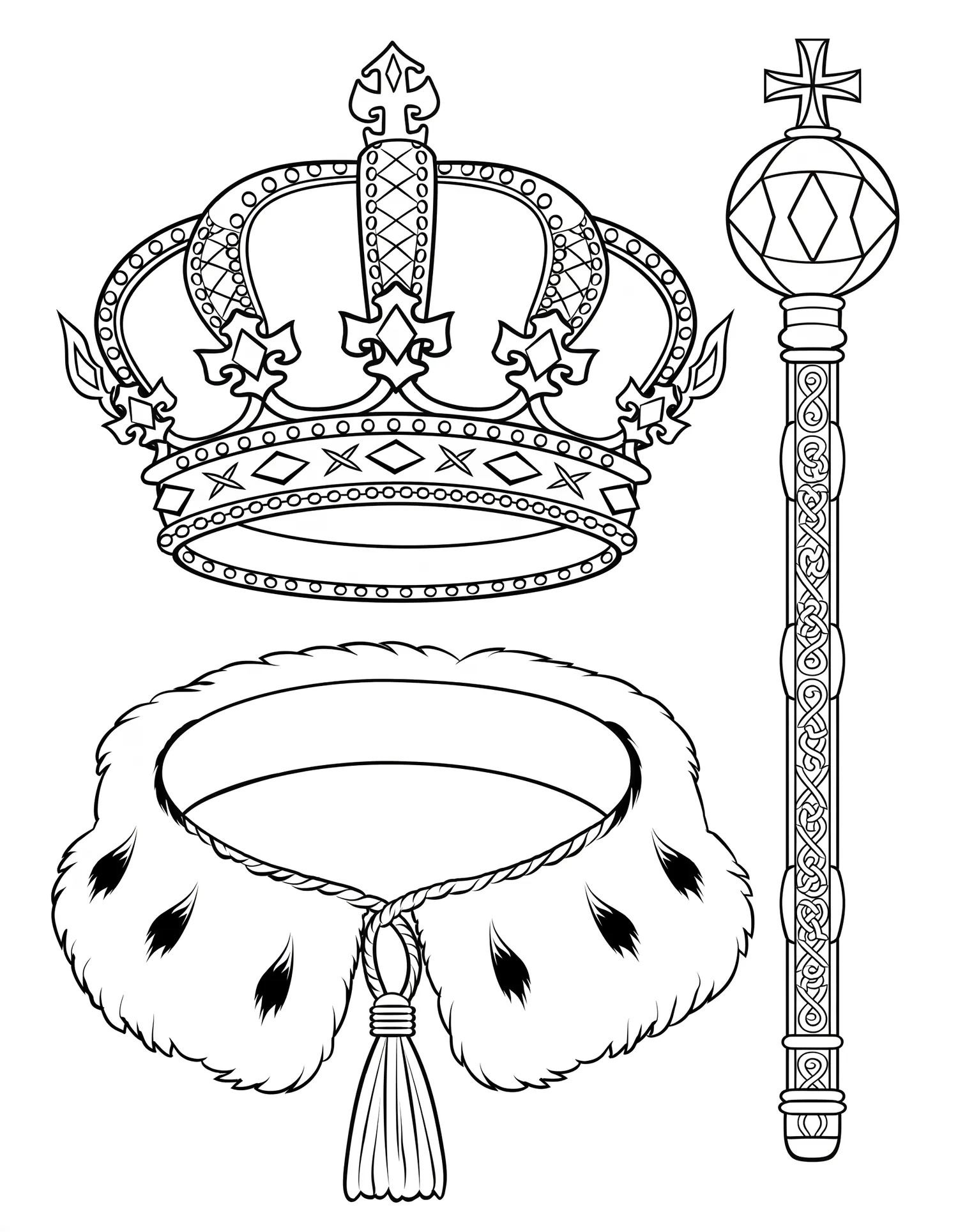 Couronne et Sceptre Royaux — Coloriage vintage à imprimer gratuitement